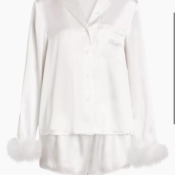 In Bloom White Satin Pajama Set with Feather Trim - Picture 1 of 4